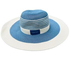 CALVIN KLEIN Blue White Striped Paper Wide Brimmed Sun Hat